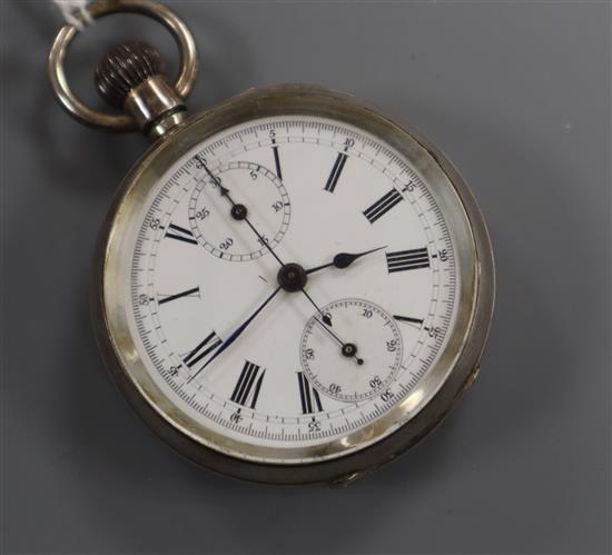 A Swiss 935 white metal chronograph open face pocket watch.